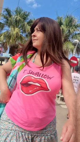 monstrous boobs jizz Swallow Exhibitionist Exposed Flashing giant titties MILF Public fiance Porn GIF