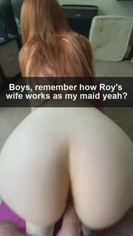 behind Caption Cuckold jizz On booty Cumshot Doggystyle ginger Reverse Cowgirl Porn GIF