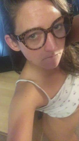 Amateur gigantic schlong Brunette pretty Dildo girlfriend Glasses Submissive T-Shirt teenie Porn GIF