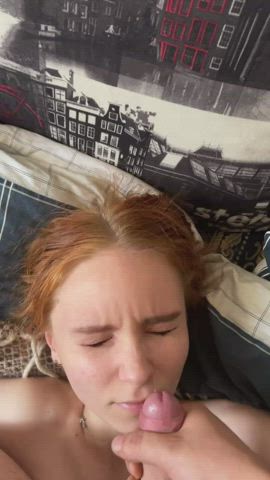 bj spunk Cumshot Face Fuck Facial Handjob redhead thin young Porn GIF