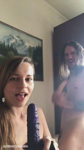 Amateur lovers pretty Dildo Funny Porn Homemade Real couple Smile Tattoo Porn GIF