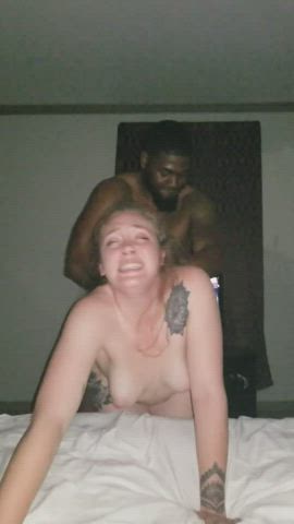 Amateur BBC yellow-haired Cuckold Doggystyle Hotwife Saggy boobs fling White lady girlfriend chick Porn GIF