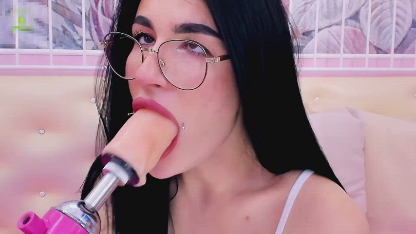 Ahegao Brunette Camgirl Deepthroat Dildo Fuck Machine Porn GIF