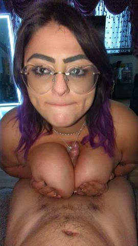 BBW blowjob Chubby couple Deepthroat enormous boobies Natural boobies titties Titty Fuck Porn GIF