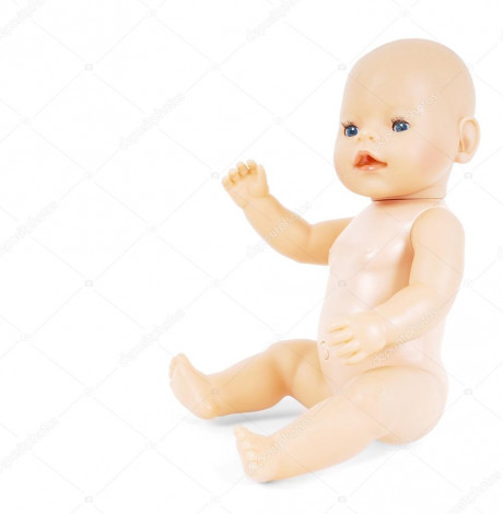 Little Naked Girl Baby Doll With Blue Eyes Waving Towards White Stock Photo By C Photostudio
